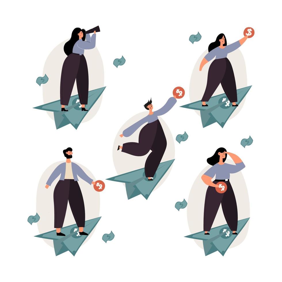 People on dollar paper planes illustration set vector