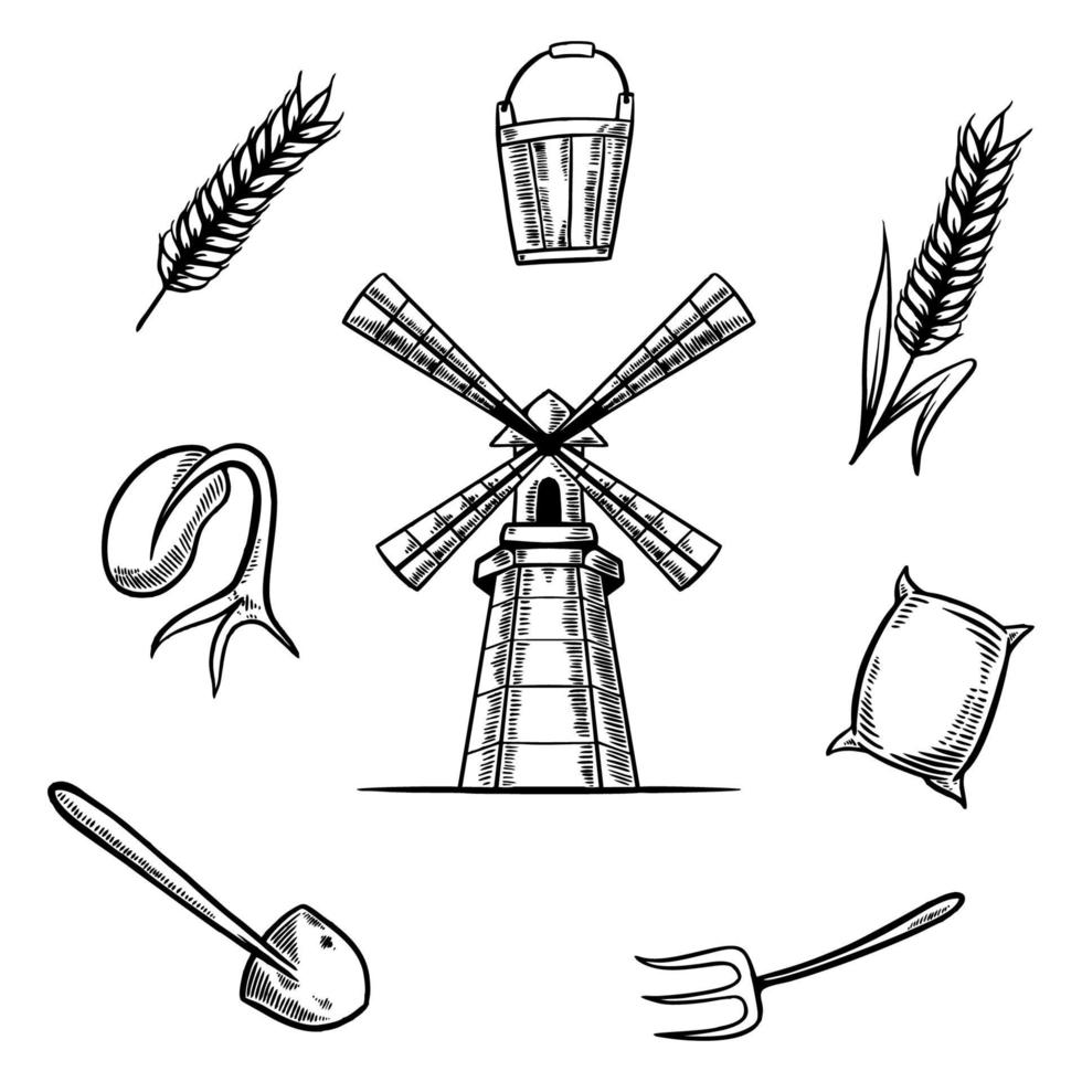 farm wind mill set hand drawn illustrations vector