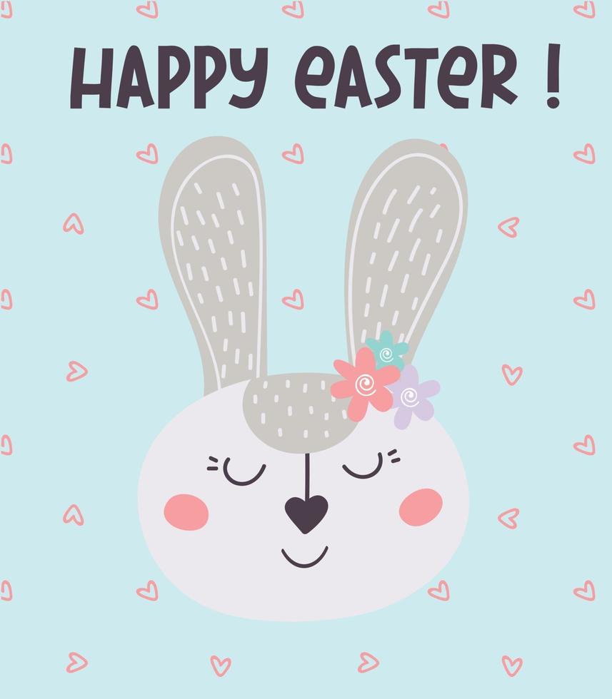 Happy Easter greeting card with Easter bunny . Easter rabbit. Vector flat illustration. Design for Easter, printing, postcards, stickers, invitations