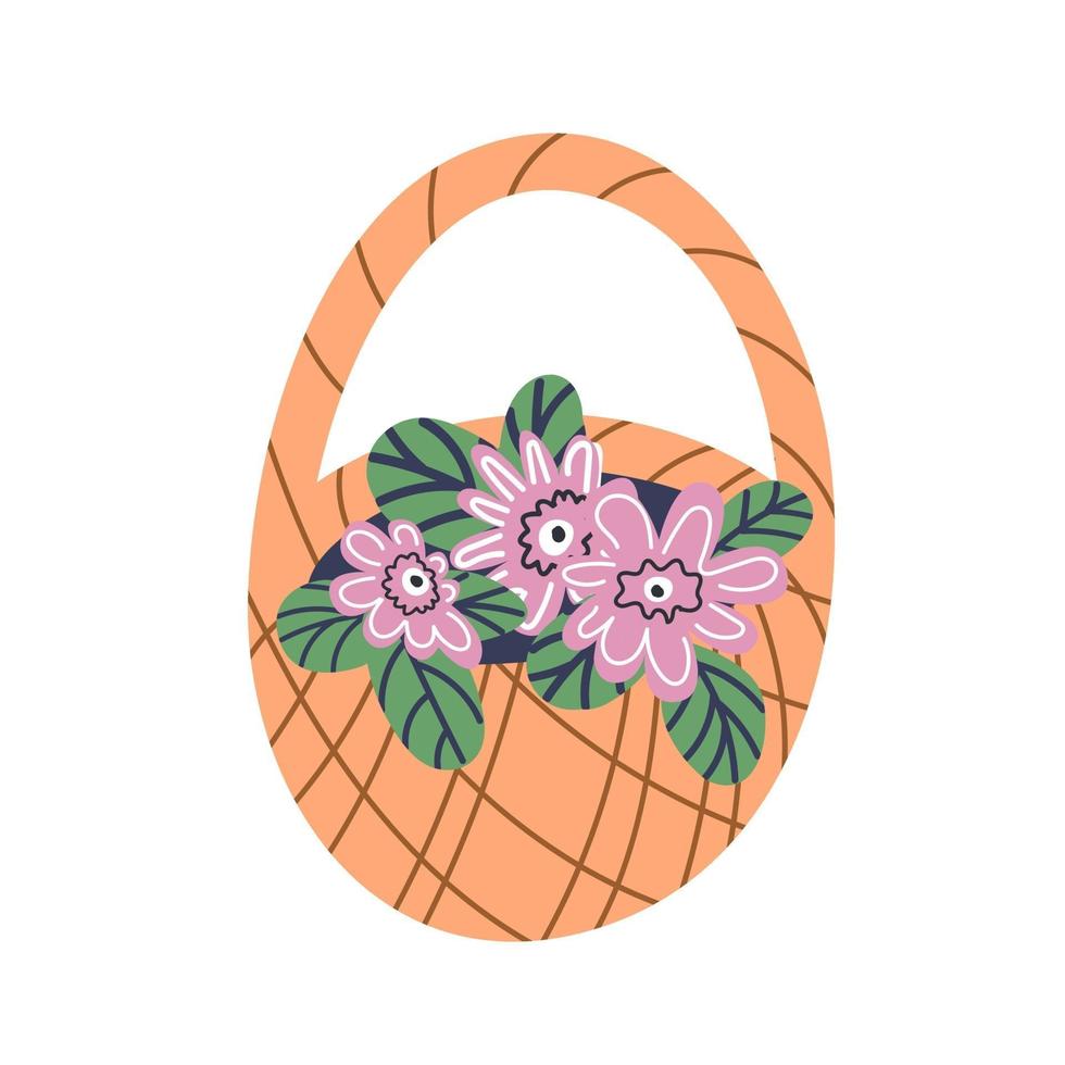 A braided basket with pink flowers is isolated on a white background. Flat cartoon illustration. Vector illustration