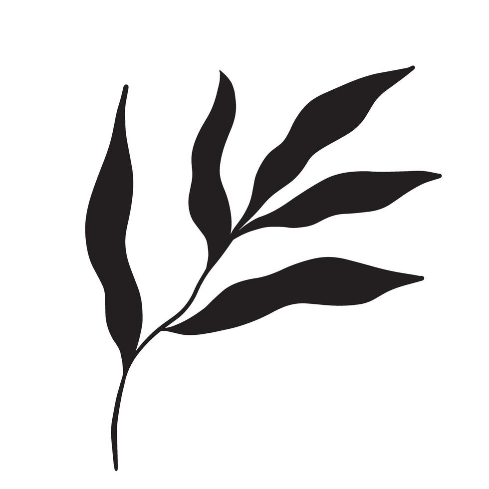 Twig with leaves black silhouette. Laurel leaf flower isolated on white background. Vector illustration