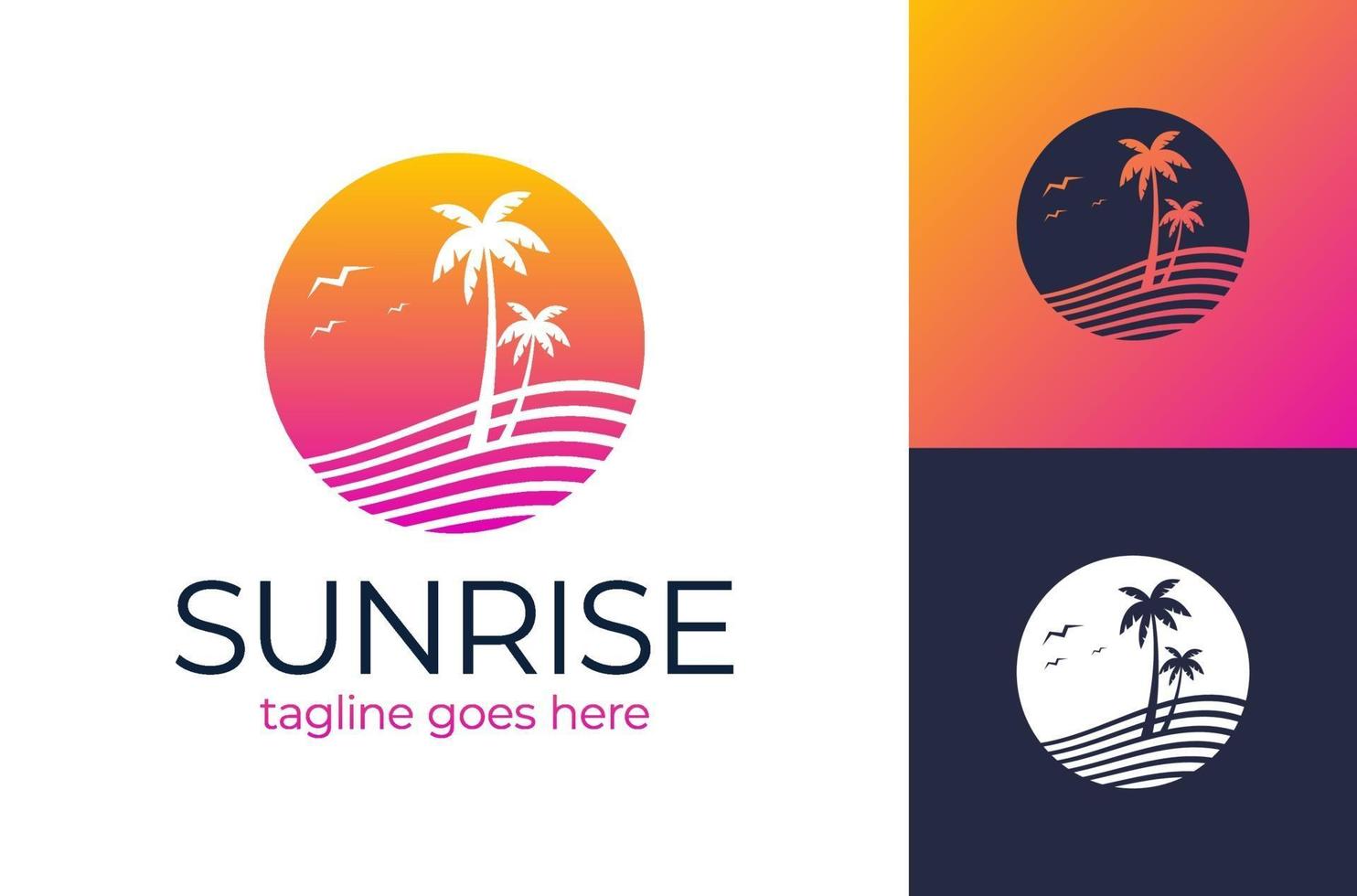 sunset travel logo. Summer icons on holiday, summer, beach and sea, vector graphic art shape, retro vintage design logo, illustration isolated on white background.