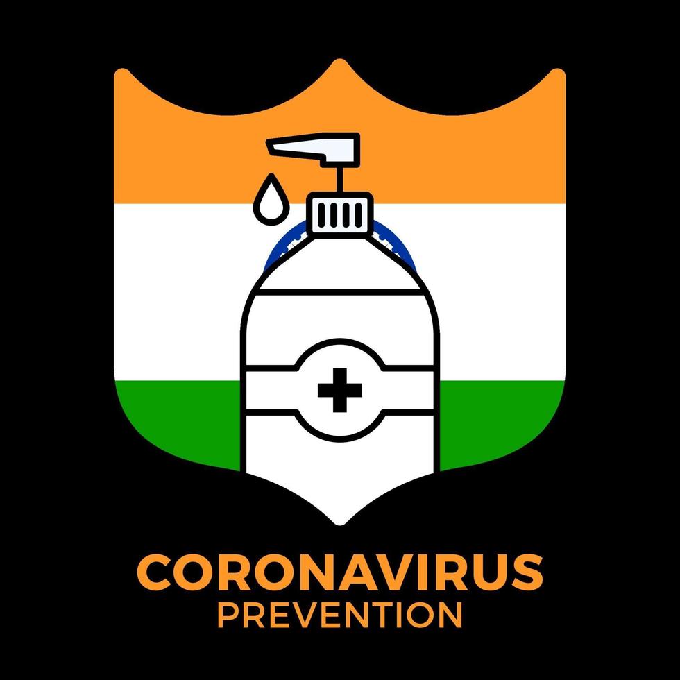 desinfectante prevención del coronavirus india. bandera de la india con el símbolo del virus corona, covid 2019, ilustración vectorial. vector