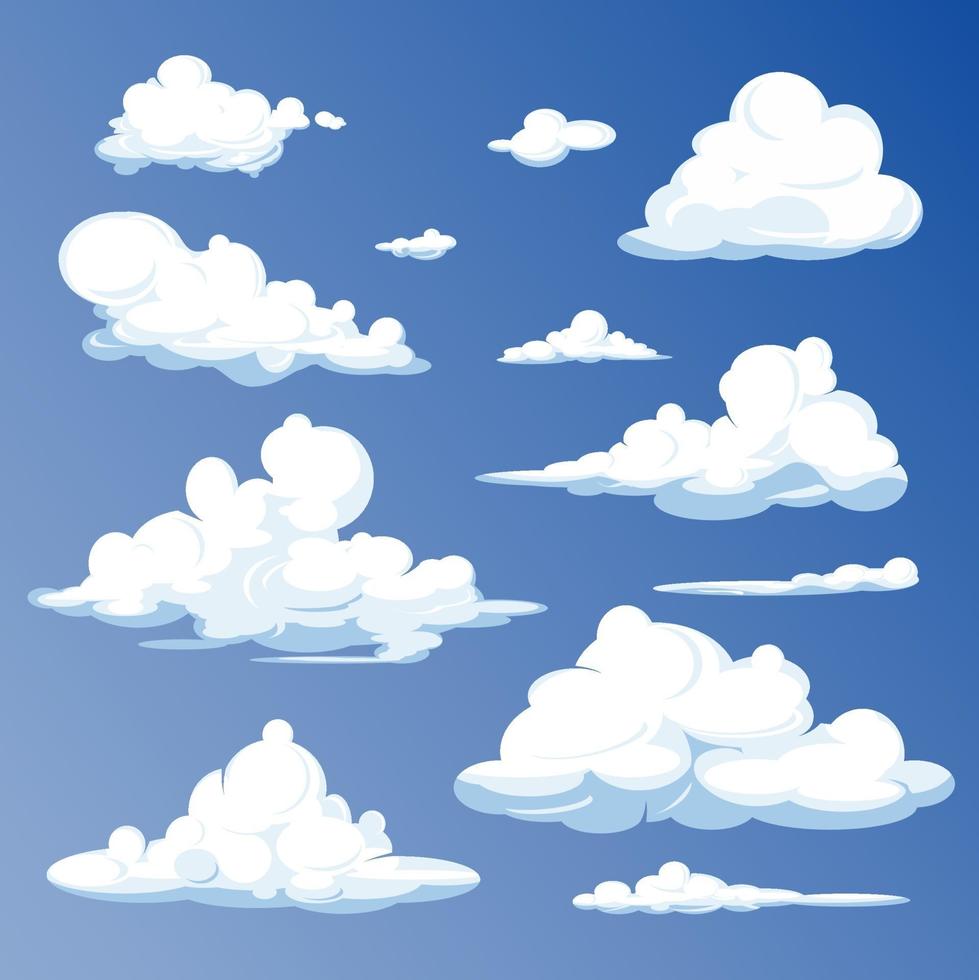 Cartoon clouds isolated on blue sky panorama vector collection. Cloudscape in blue sky, white cloud vector illustration