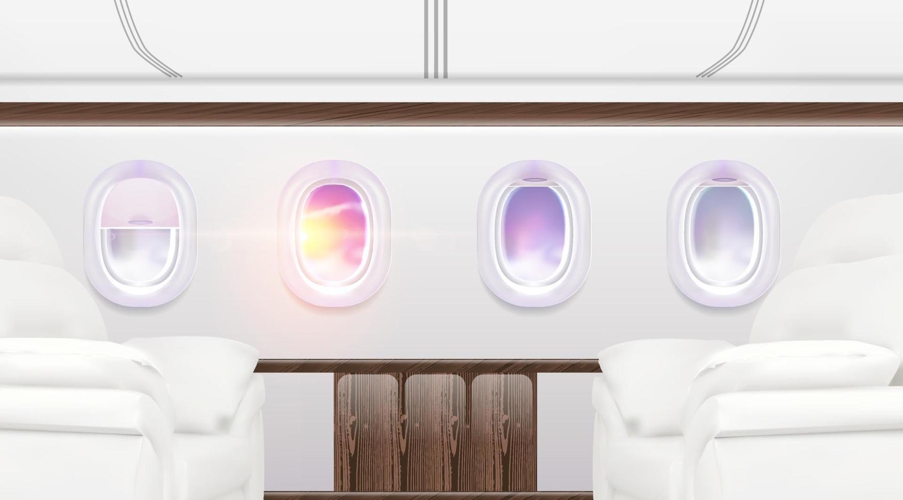 Airplane windows banner. Aircraft interior travel poster, summertime sky in plane porthole, passenger transport. Vector travelling illustration background about business class