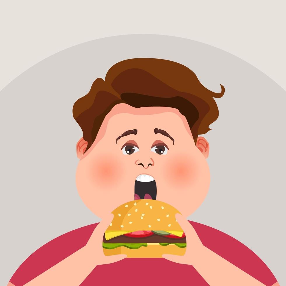 Fat guy is eating a big hamburger. Vector illustration.