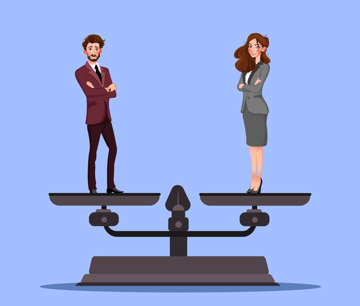 Gender equality with businessman and businesswoman on scales. Equal pay and opportunity business vector concept. Illustration of male and female equal rights