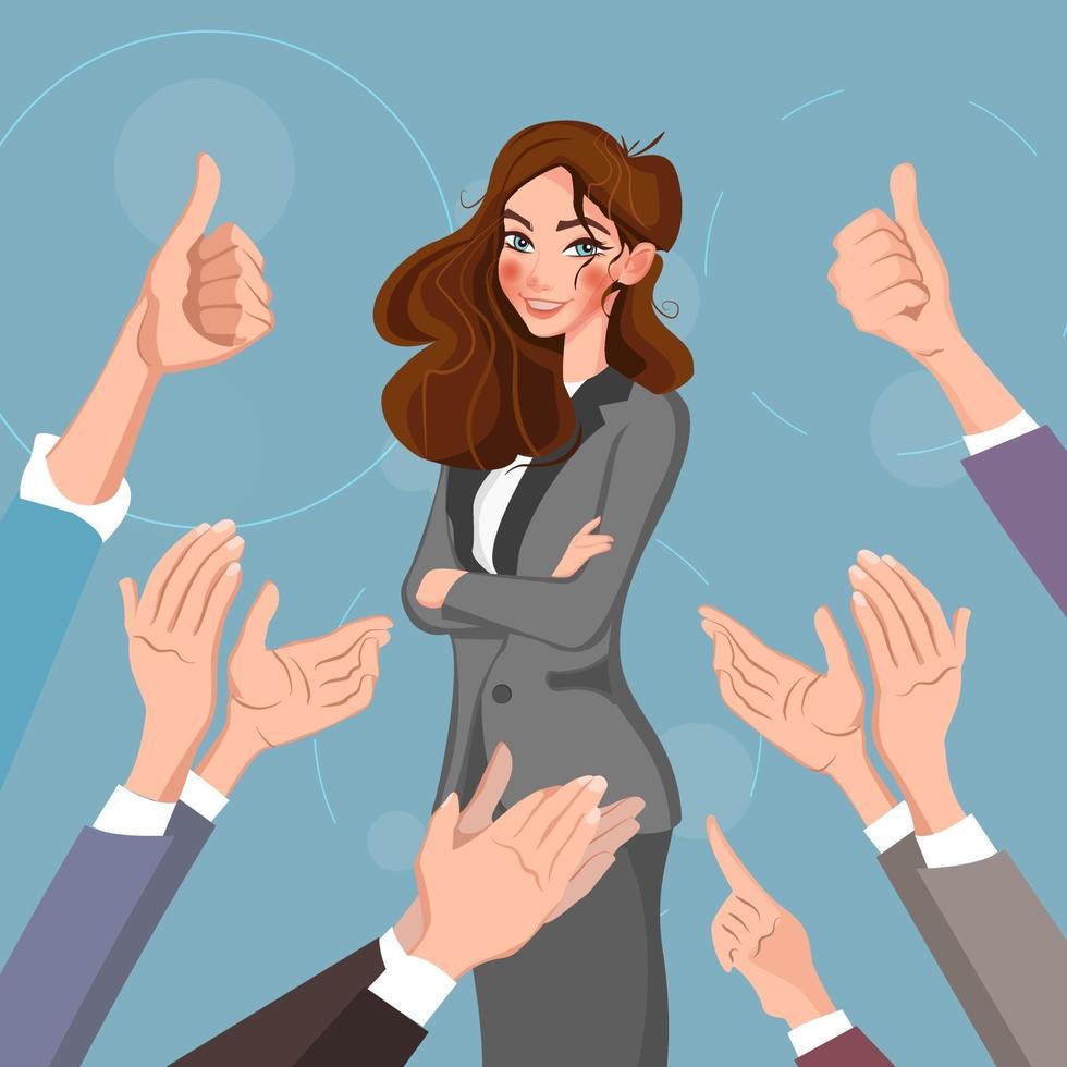 Happy woman portrait with thumbs up and human hands clapping isolated on background. Thumbs up flat hands for social network, blog and app. Party celebration concept. Happy woman, vector illustration