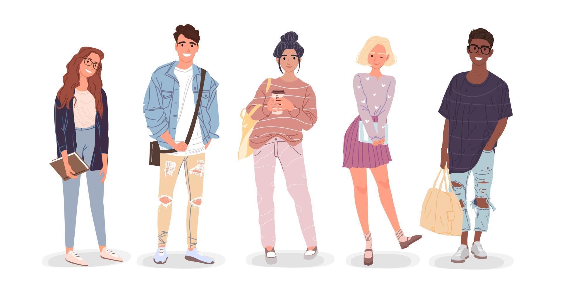 Group of students. Young people. Vector illustration.