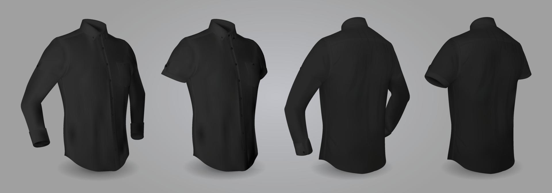 Camisa masculina negra con mangas largas y cortas y botones en la vista frontal, posterior y lateral, aislada sobre fondo gris. 3d ilustración vectorial realista, patrón de camisa formal o informal vector