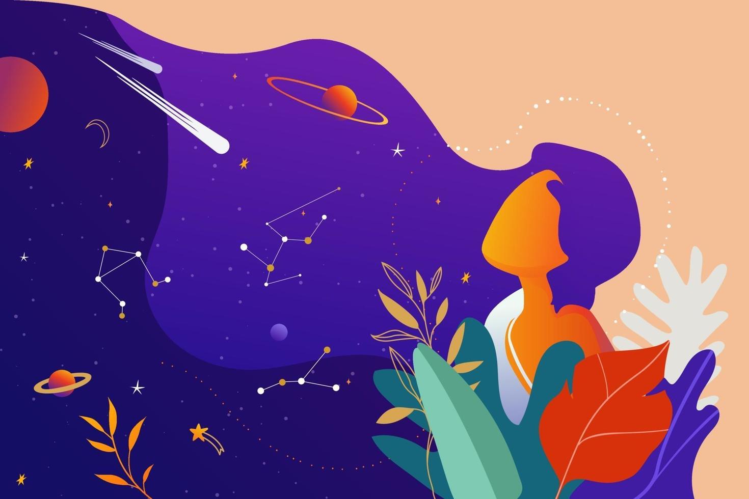 mujer con flores y hojas soñando con el espacio con planetas y estrellas. ilustración vectorial. vector