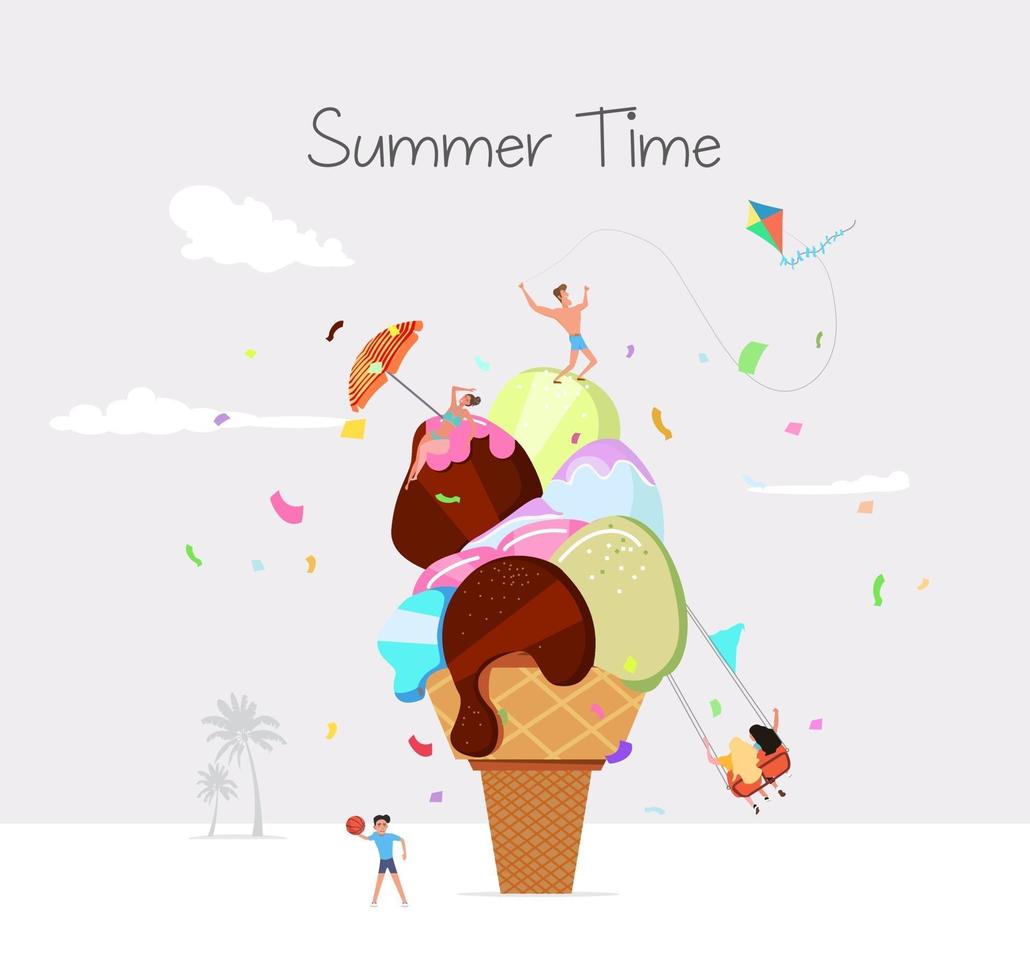 Ilustración de playa de horario de verano en vector. gente tomando el sol y divirtiéndose frente al enorme helado. vector