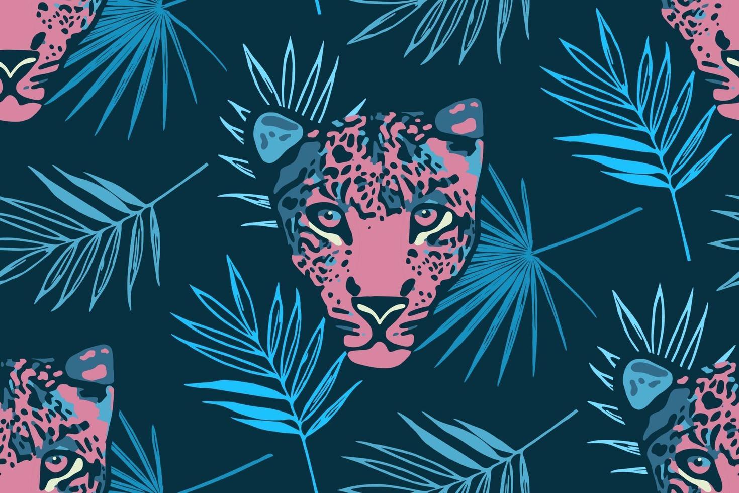 Tropical seamless pattern with palm leaves and leopard. vector