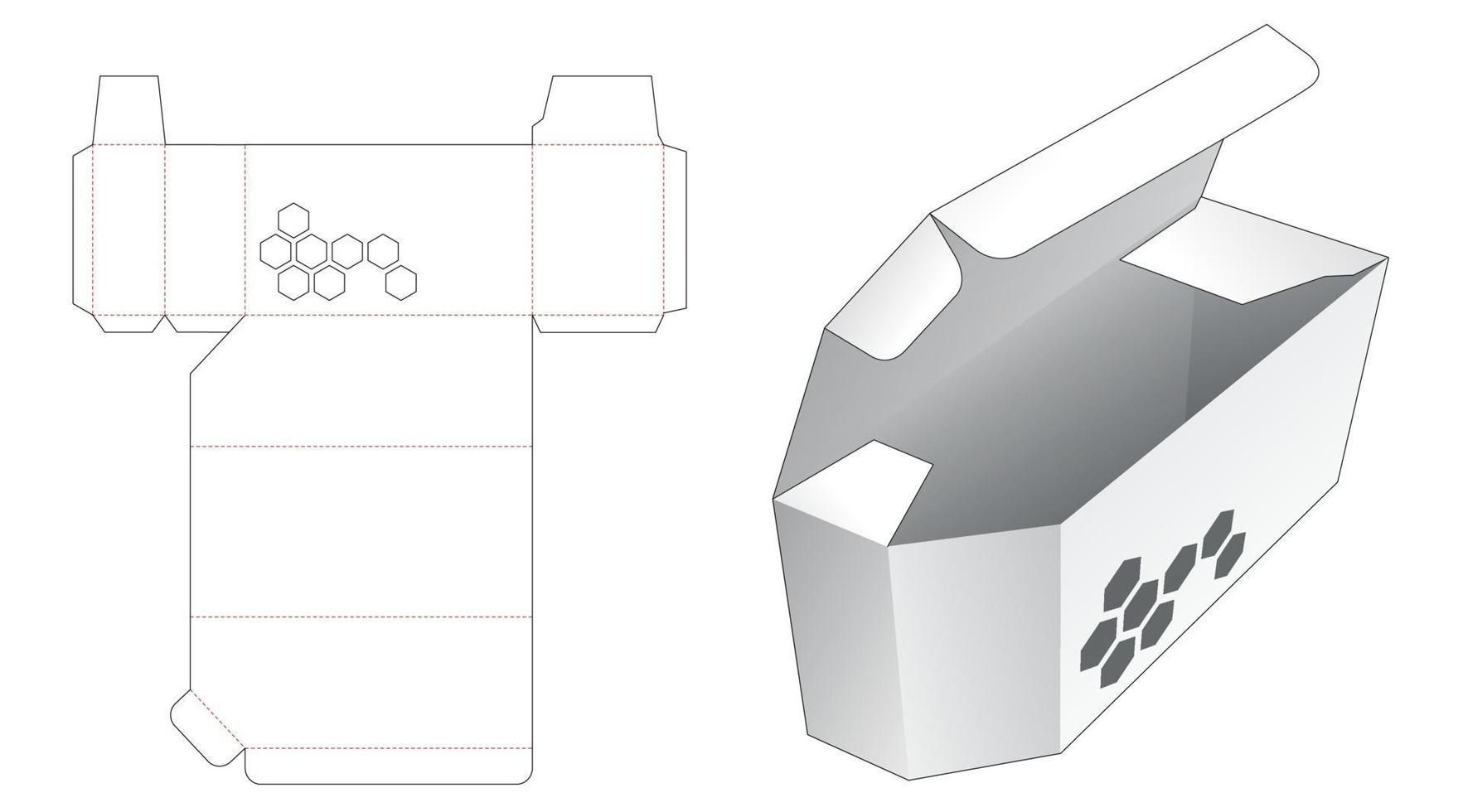 Chamfered box with hexagonals shaped window die cut template vector