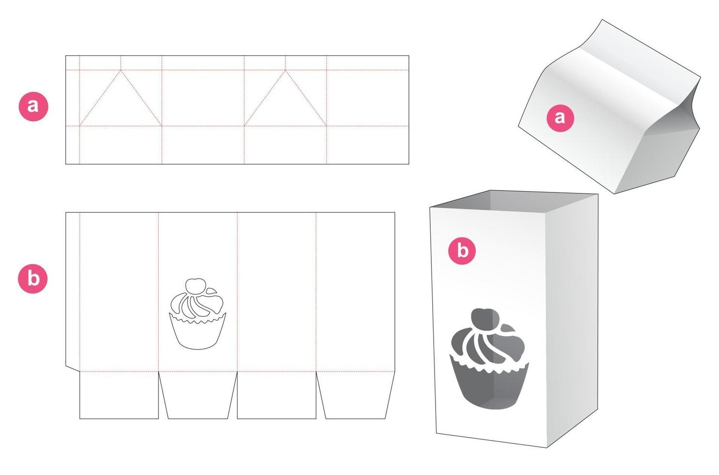 Tall box with with cup cake shaped window and lid die cut template vector