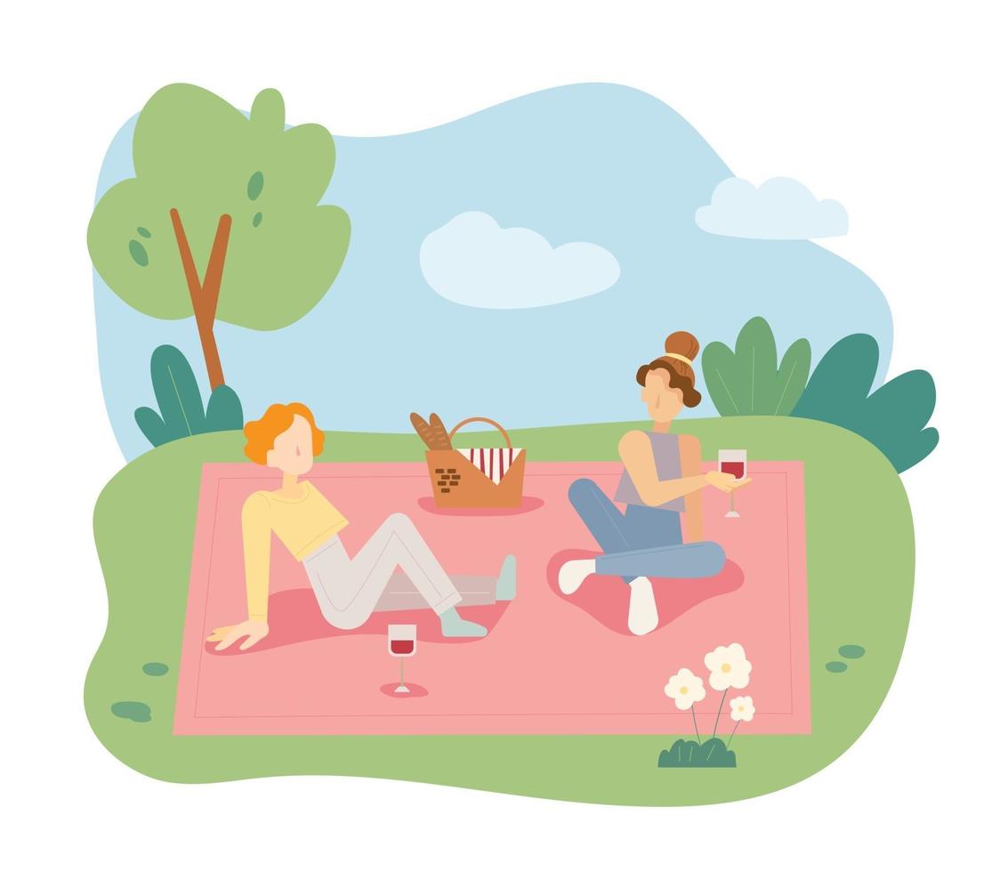 dos chicas están haciendo un picnic en el parque vector