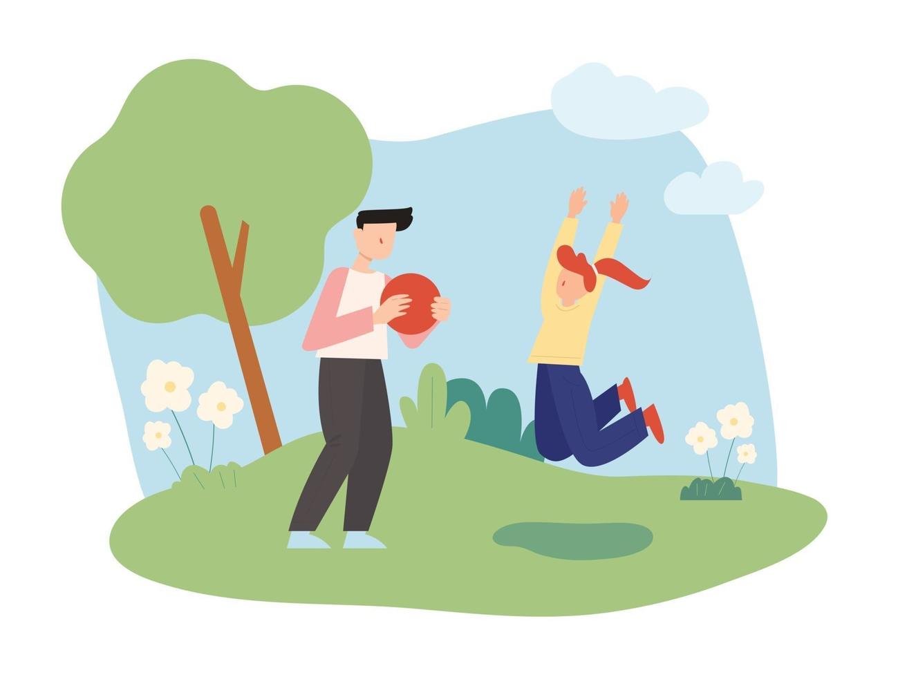 Dad and daughter are having fun playing ball in the park vector