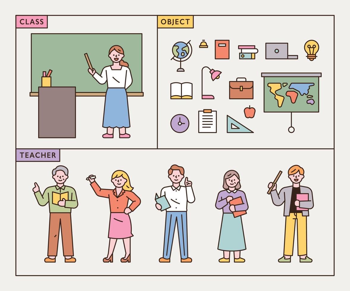 Teachers in class characters and school supplies icons vector