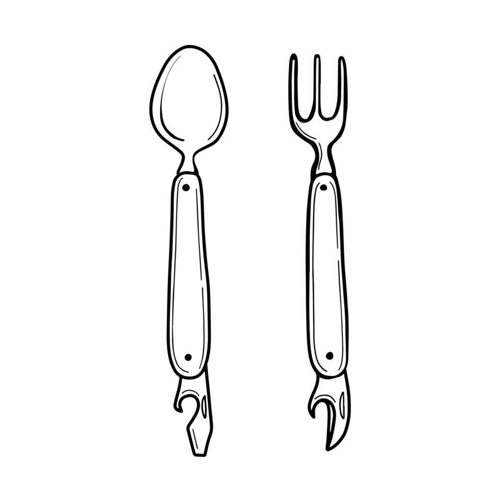 tenedor y cuchara senderismo turístico aislado en un fondo blanco. ilustración vectorial estilo doodle. dibujado a mano vector