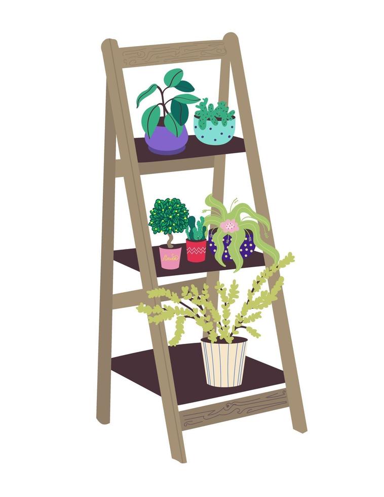 repisa con plantas de interior. Soporte de escalera de madera para flores. ilustración vectorial plana en estilo doodle. ilustración de stock vector