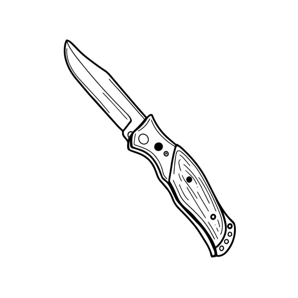 Navaja plegable de bolsillo para senderismo.Cuchillo portátil turístico con hoja afilada para viajar. Ilustración de vector dibujado a mano en estilo doodle