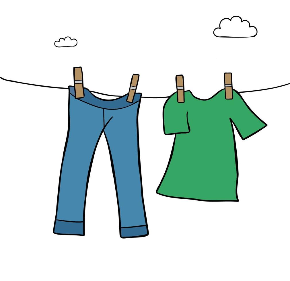 Ilustración de vector de dibujos animados de colgar pantalones vaqueros y camiseta de lavandería.