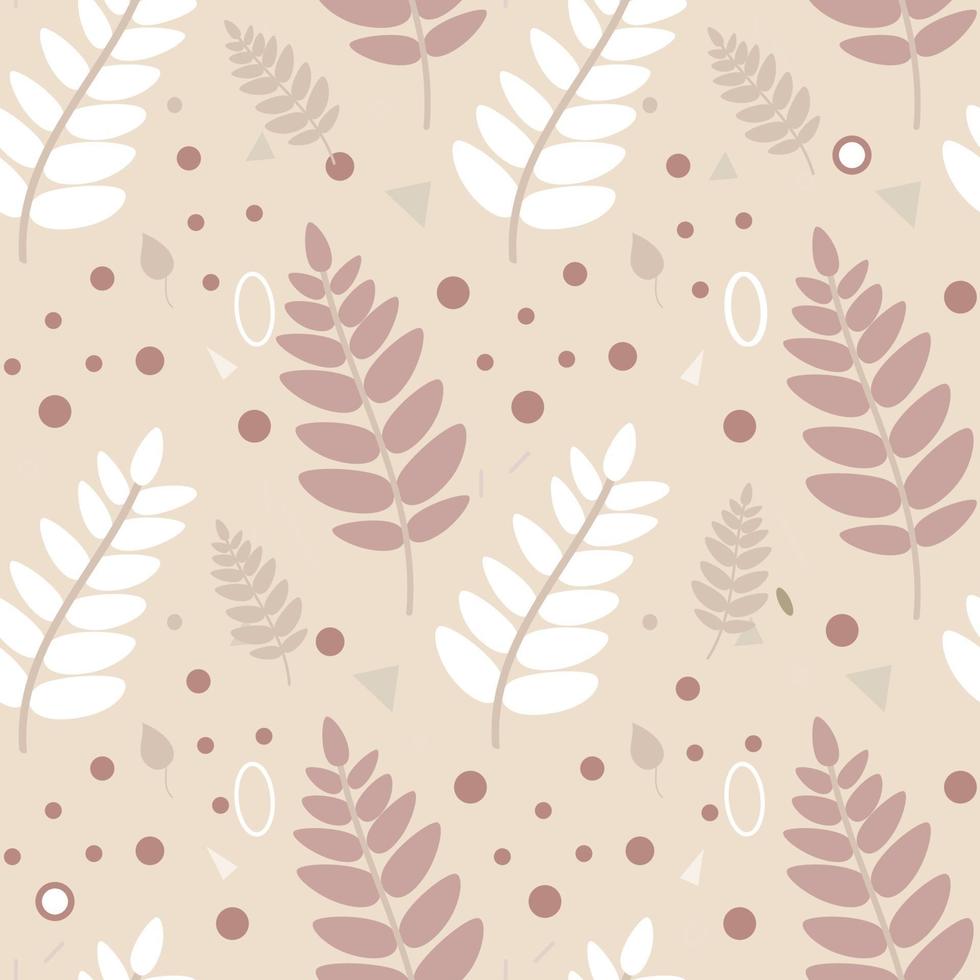Scandinavian pattern.A pattern of leaves, branches, and twigs in warm beige colors. Hand drawn vector flat illustration