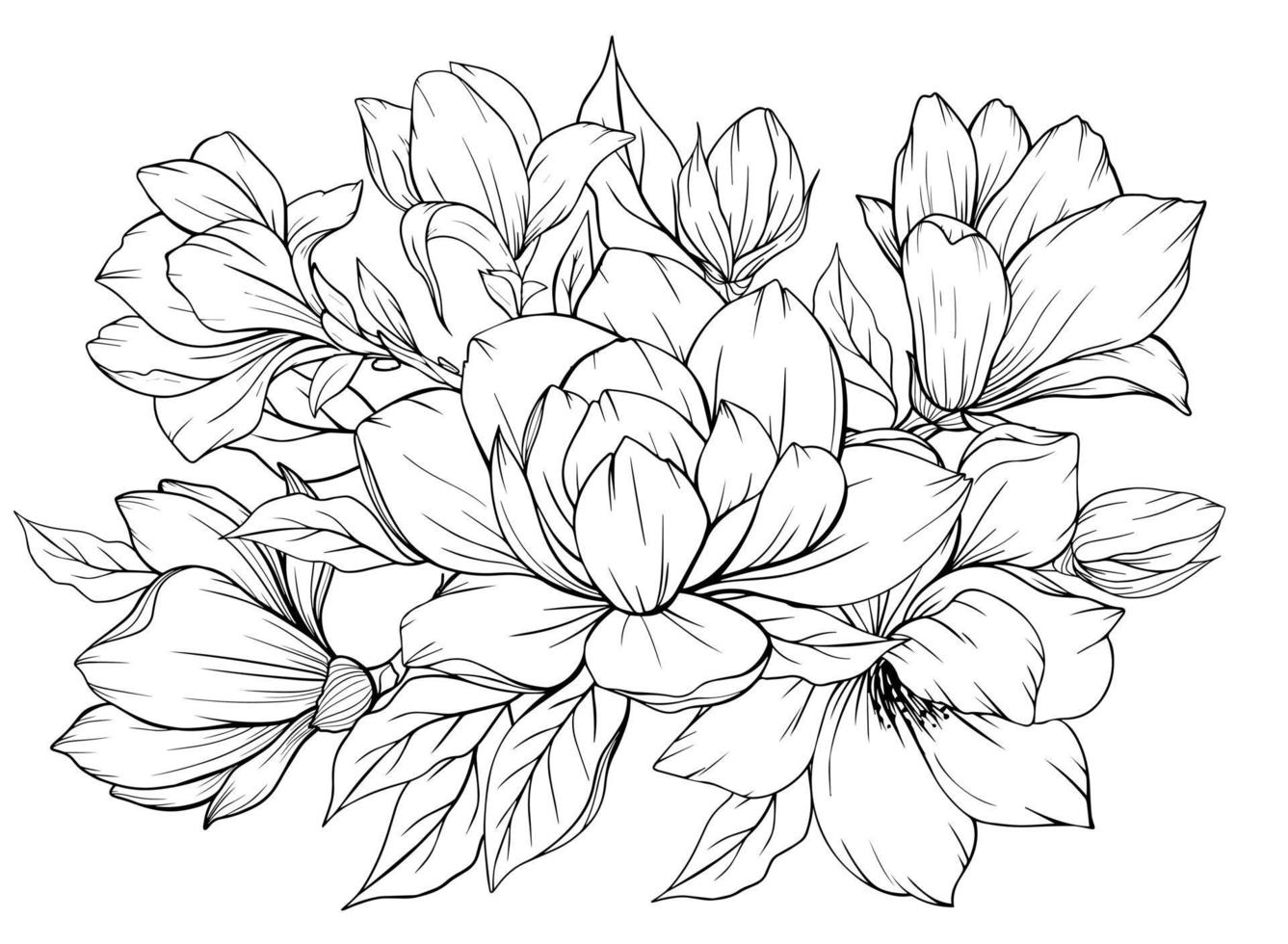 Página para colorear con magnolia y hojas. página de vectores para colorear. Página para colorear de flores. contorno de magnolia. página en blanco y negro para colorear libro. coloración antiestrés. flores de arte lineal