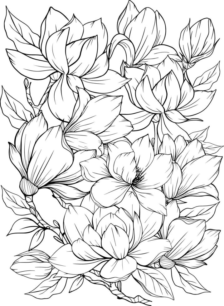 Coloring page with magnolia and leaves. Vector page for coloring. Flower Colouring page. Outline magnolia . Black and white page for coloring book. Anti-stress coloring. Line art flowers