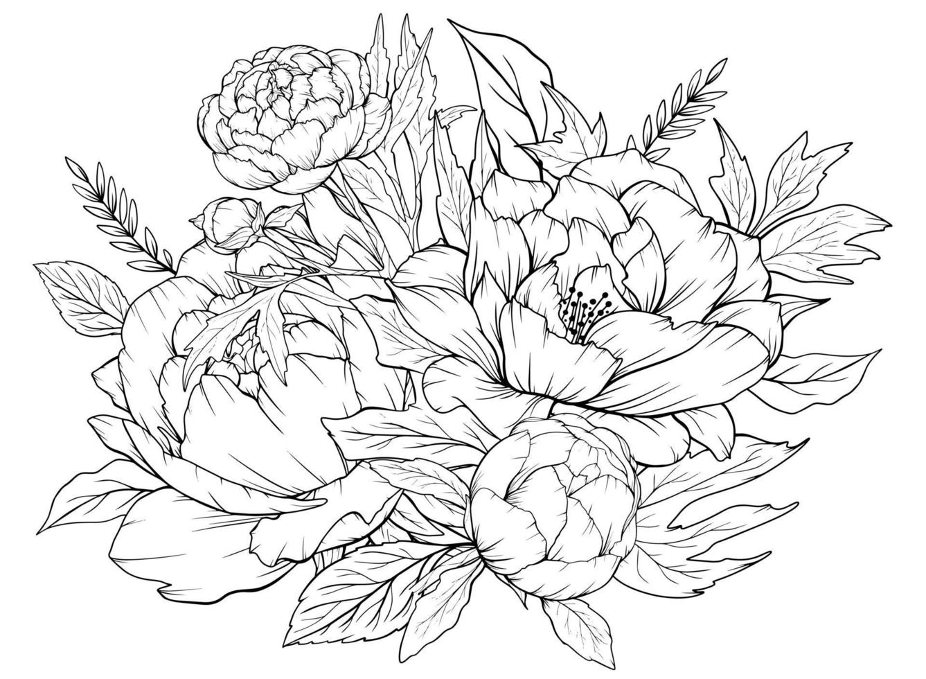 Coloring page with peonies and leaves. Vector page for coloring. Flower Colouring page. Floral print. Outline peonies. Black and white page for coloring book.