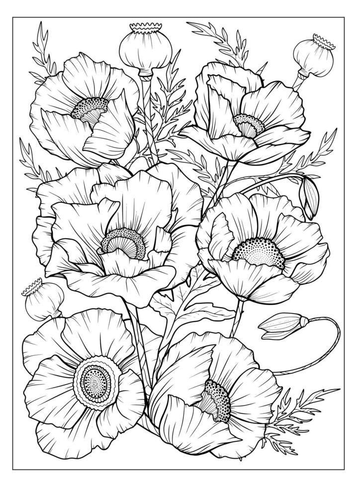 Coloring page with poppies and leaves. Vector page for coloring. Flower Colouring page. Floral print. Outline poppies. Black and white page for coloring book. Anti-stress coloring. Line art flowers