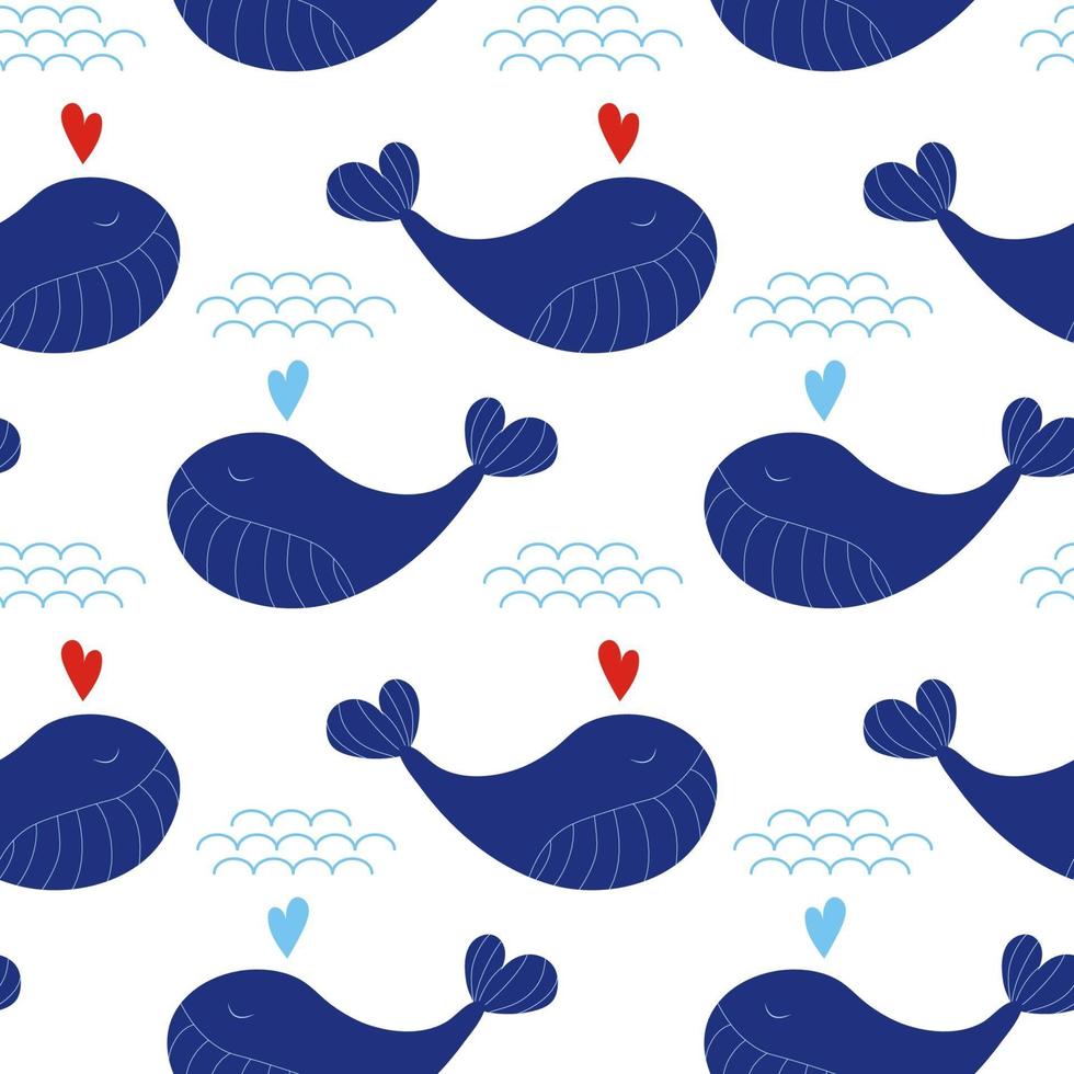 Seamless pattern with cute navy blue whales with hearts and waves  Vector sea background for kids  Child drawing style cartoon baby animals underwater illustration  Design for fabric etc