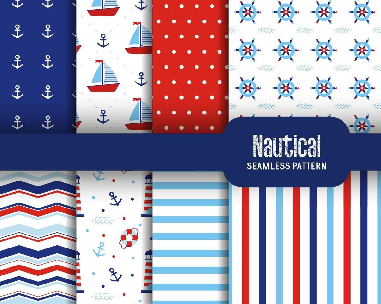 Set of sea seamless patterns with boat anchor wave lighthouse lifebuoy polka dots and stripes Nautical design Marine elements Vector illustration Geometric textures for fabric card baby shower scrapbook etc