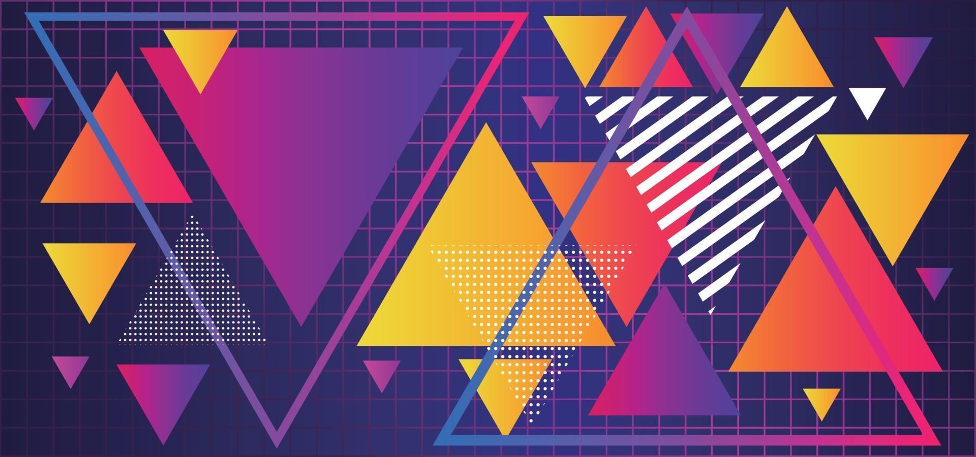 Abstract colorful triangles with patterns and gradients on a grid 80s background vector