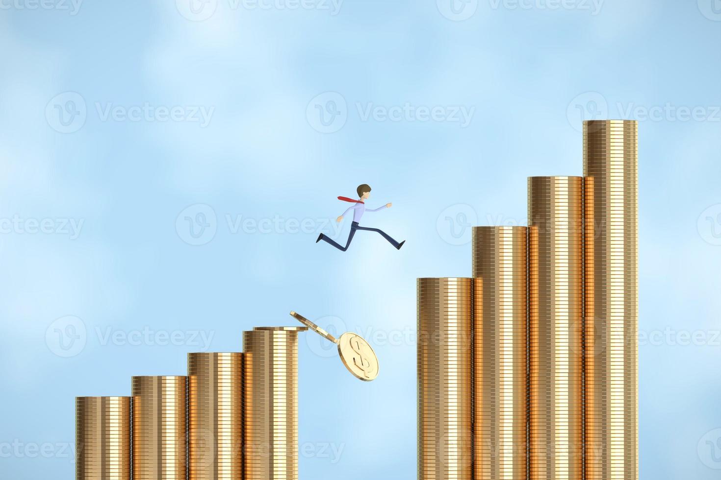 Businessman jumping over many coins photo