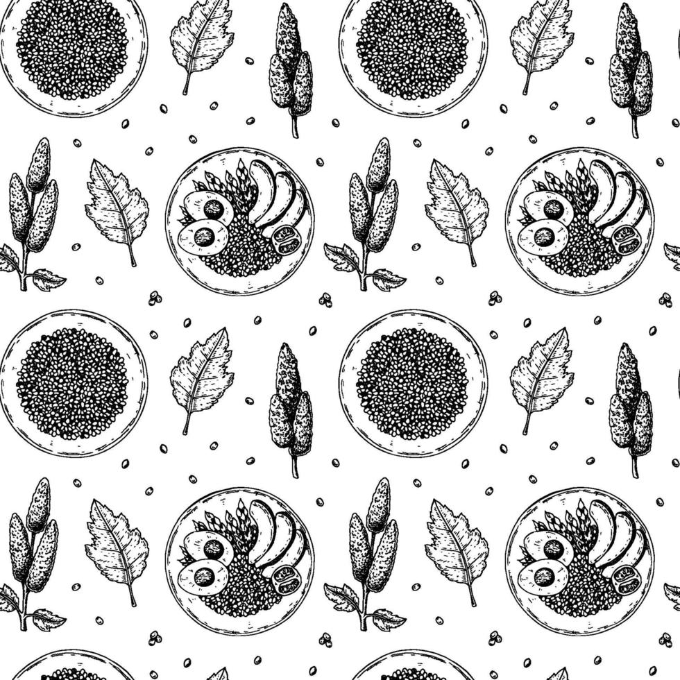 Hand drawn seamless pattern with quinoa bowls. Vector illustration in sketch style