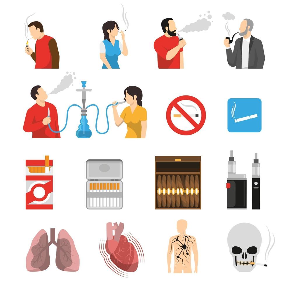 Productos de fumar riesgos iconos conjunto ilustración vectorial vector