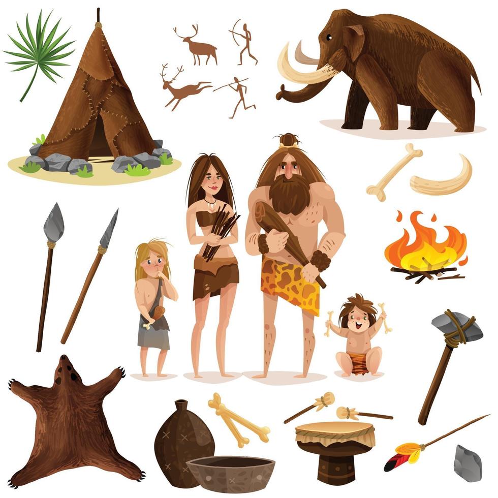 Los iconos decorativos de los hombres de las cavernas establecen ilustración vectorial vector