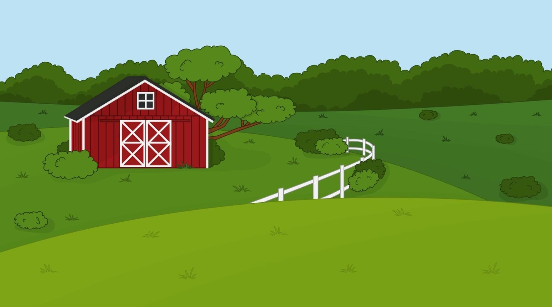 Vector outline cartoon summer spring green landscape with red barn