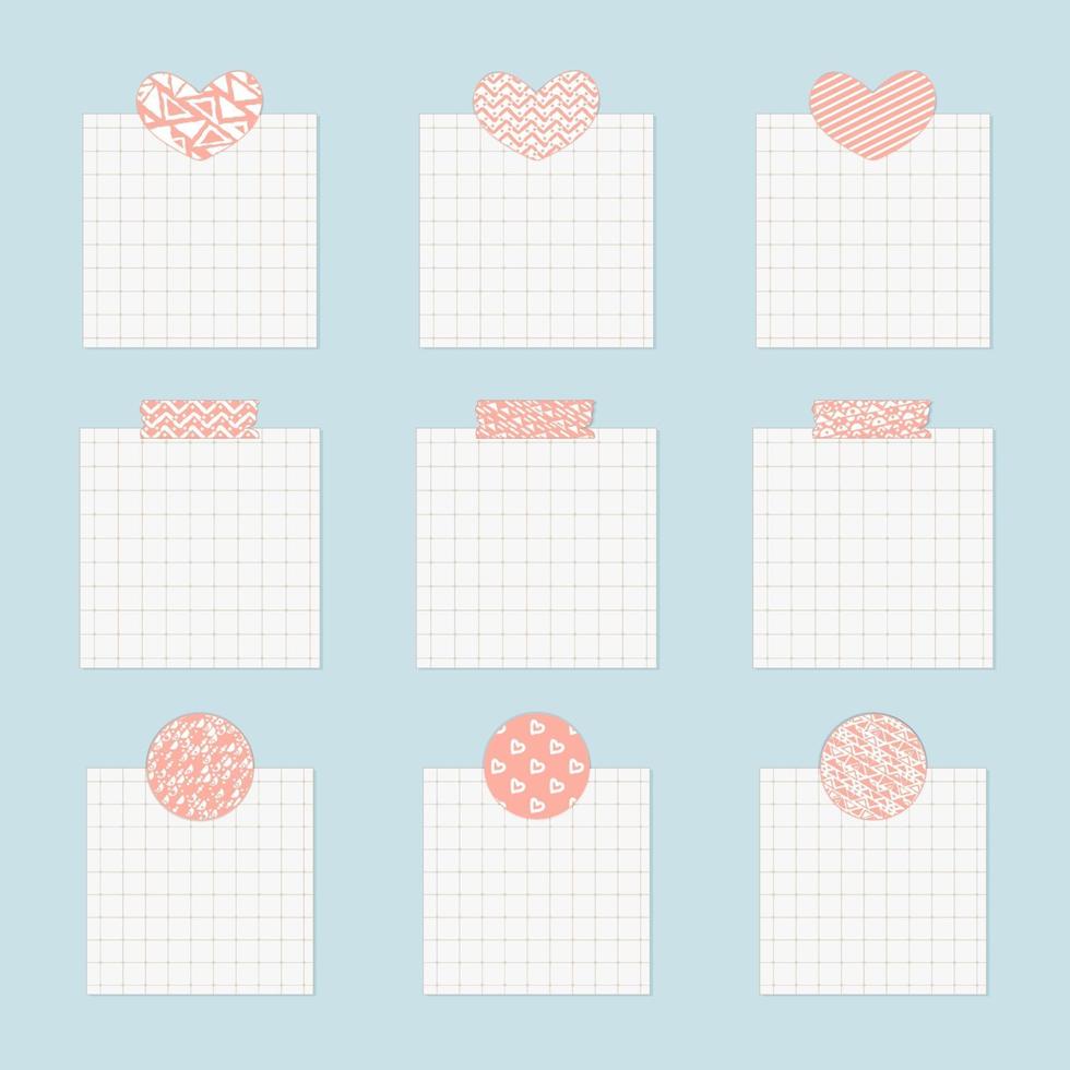 Collection of squared sheets of grid note papers with push washi tape pin for message vector