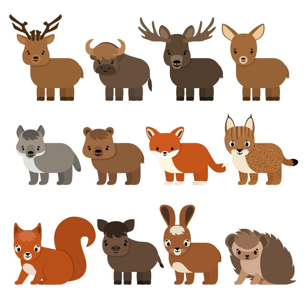 Cartoon flat isolated animals of forest and taiga vector
