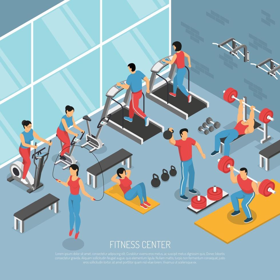 Ilustración de vector de cartel isométrico interior de gimnasio