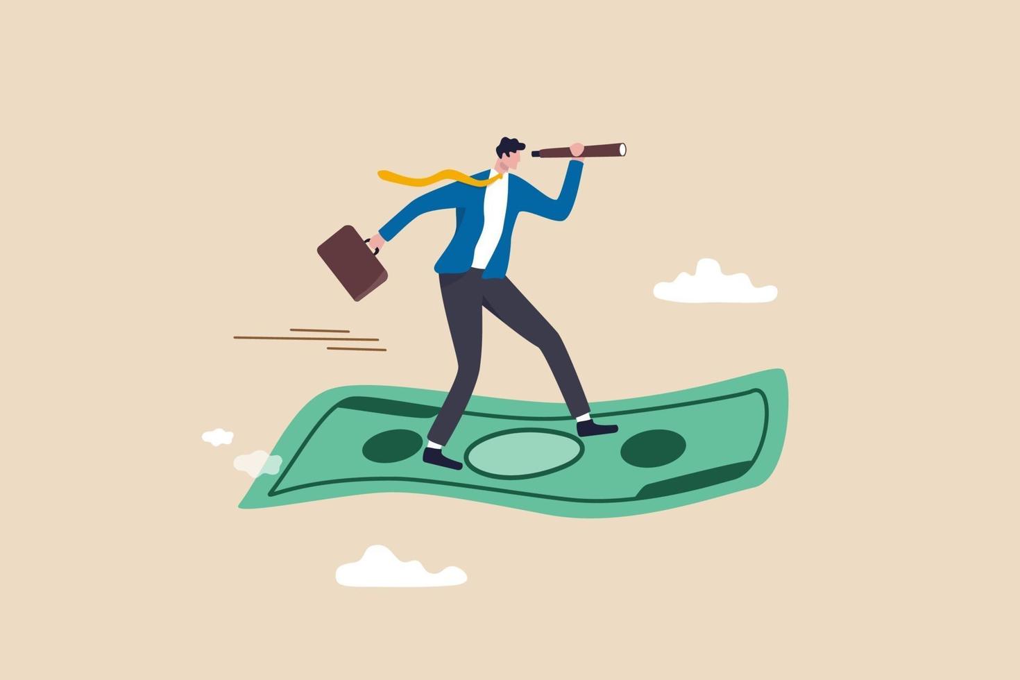 Investment opportunity, visionary to make profit or financial growth concept, smart businessman riding flying banknote money using telescope or spyglass to see future. vector