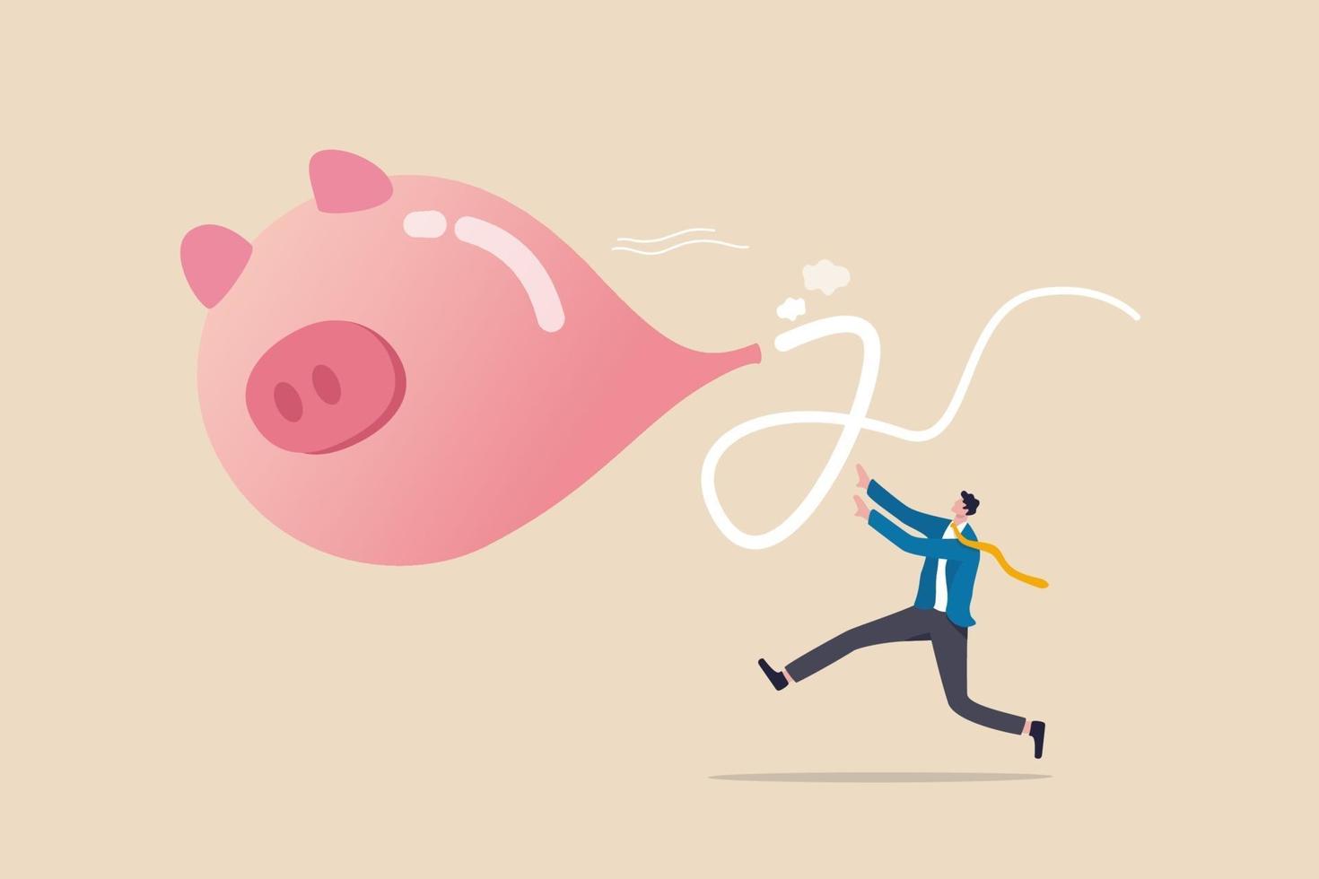Loss money from economic crisis or stock market crash, financial problem or losing all savings pension concept, businessman running trying to catch flying deflate piggy bank balloon. vector