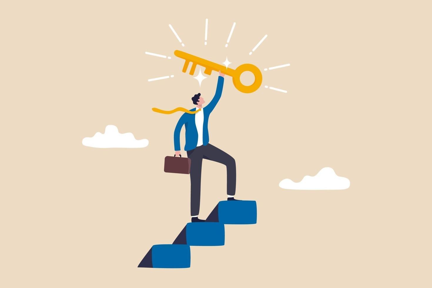 Key to business success, stairway to find secret key or achieve career target concept, businessman winner walk up to top of stairway lifting golden success key to the sky. vector