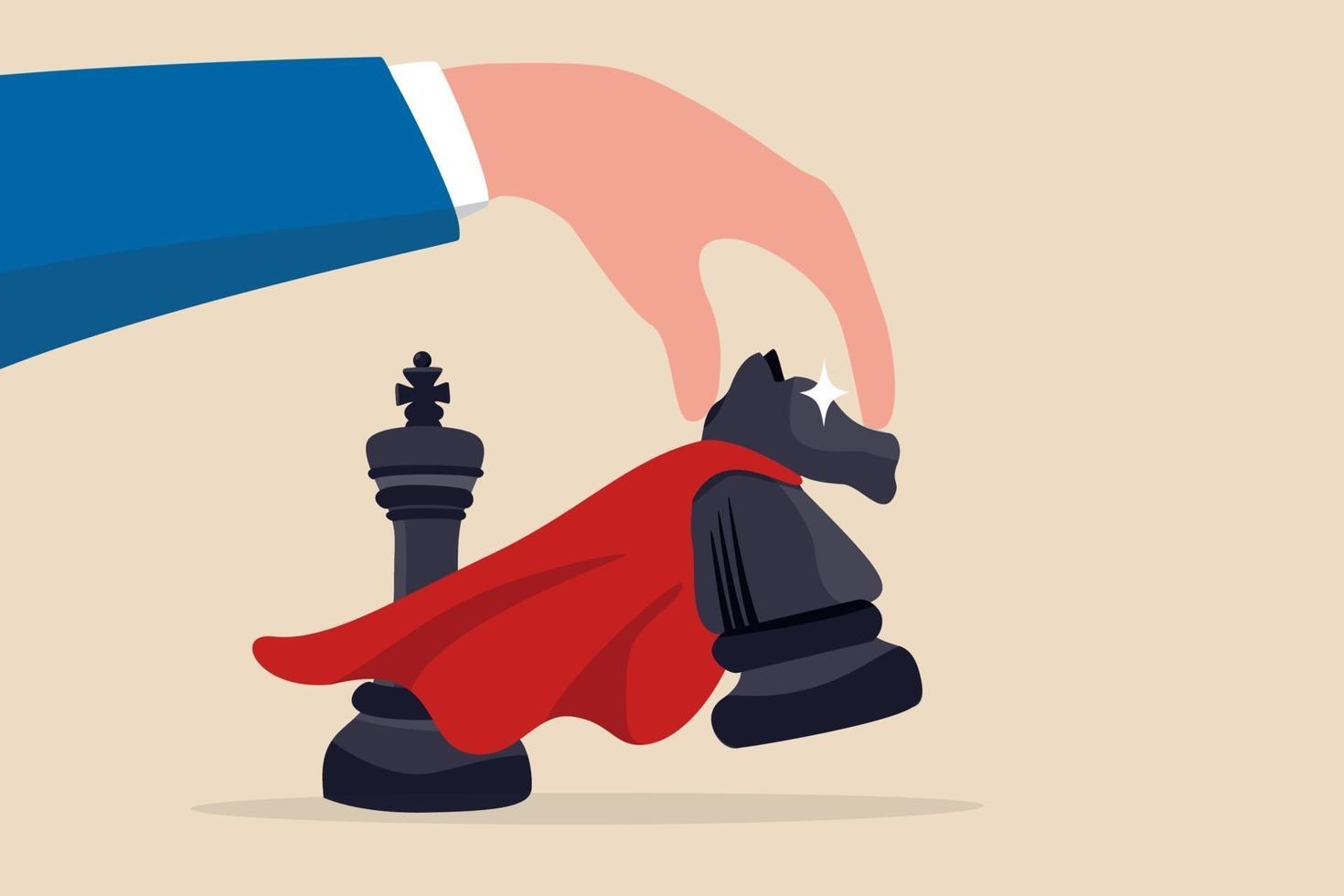 Winning strategy or victory move in business competition, success tactic or smart move concept, strategic businessman hand holding superpower knight chess piece to move to winning turn. vector
