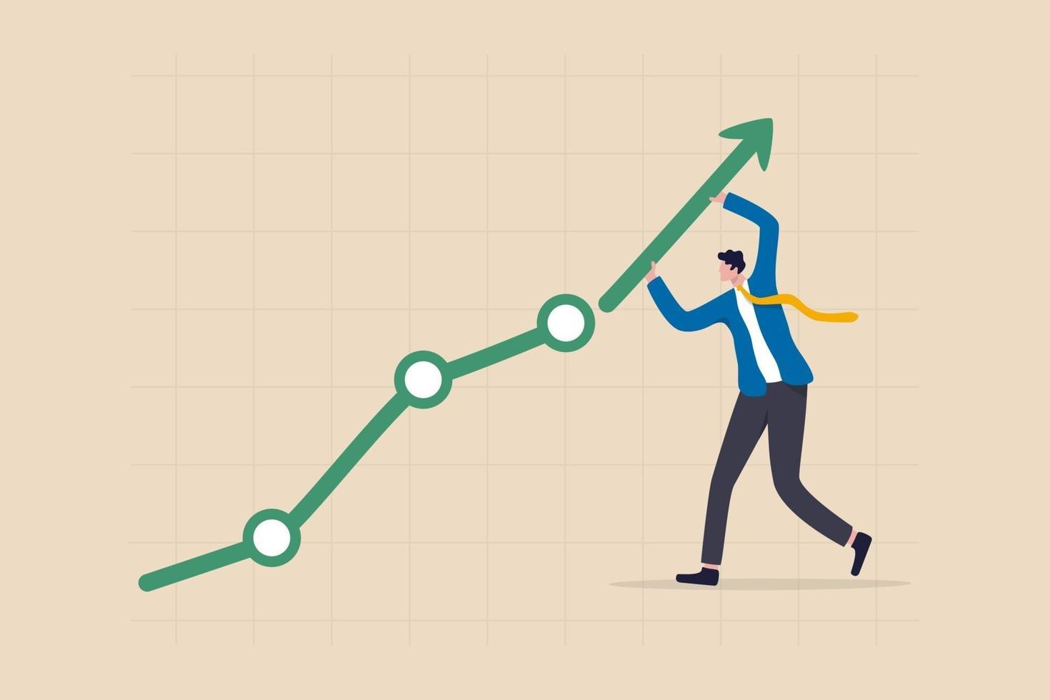 crecimiento profesional o logro empresarial, mercado de valores que se eleva desde el concepto de recuperación económica, empresario que lleva la flecha para hacer un gráfico y un gráfico de auge en aumento de acciones vector