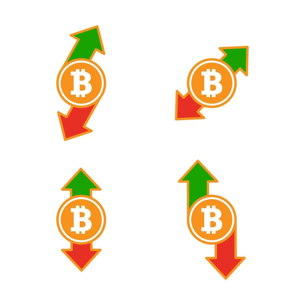 bitcoin hacia arriba y hacia abajo conjunto de flechas. concepto de crisis de moneda criptográfica. riesgo de moneda digital. vector