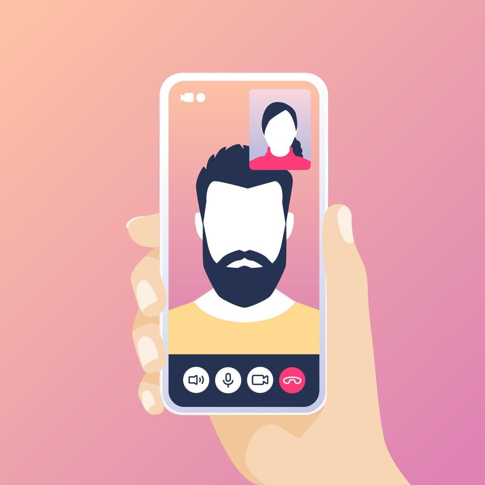 Hand holding smartphone with video call. vector