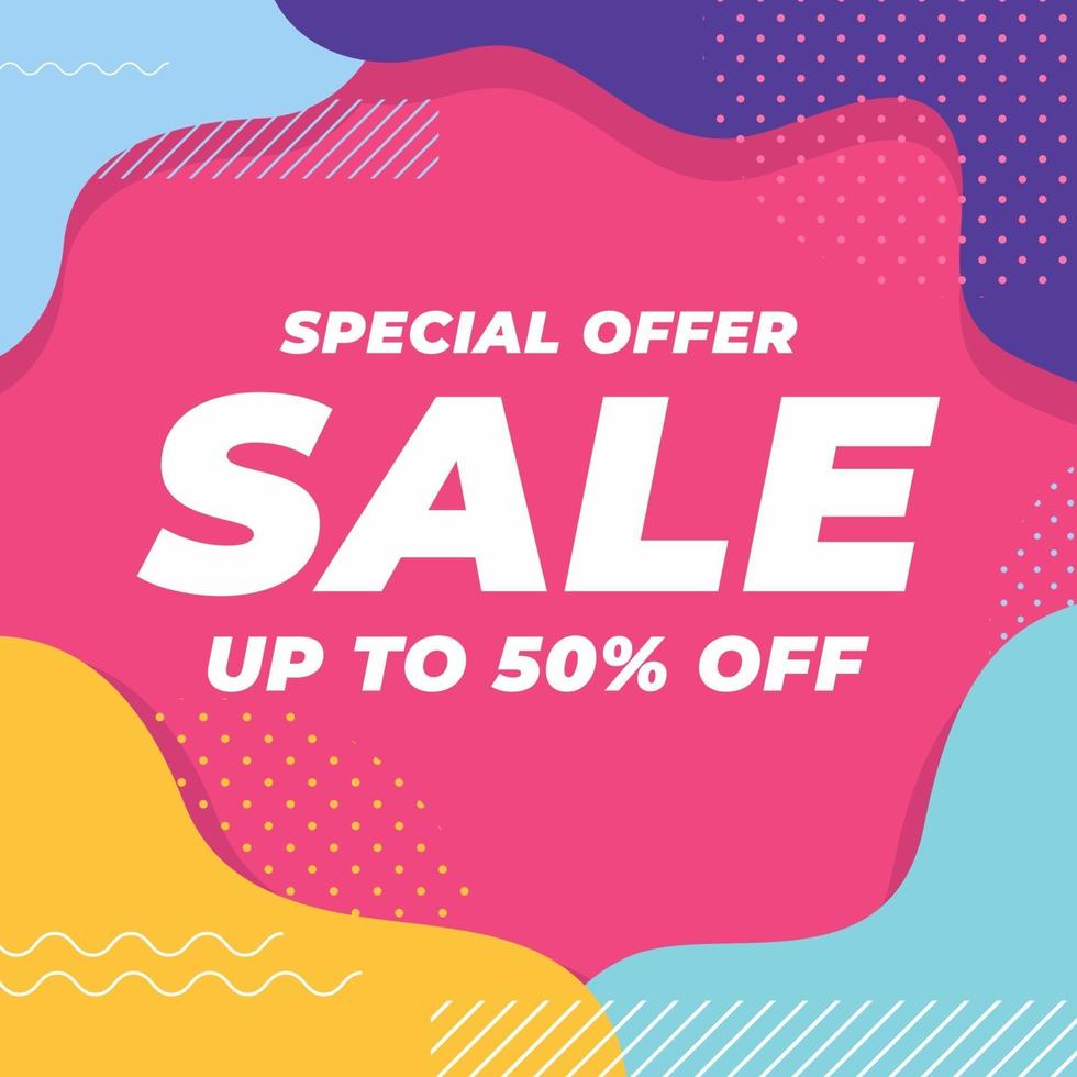 Special offer sale up to 50 percent off with colorful geometric shapes banner. vector